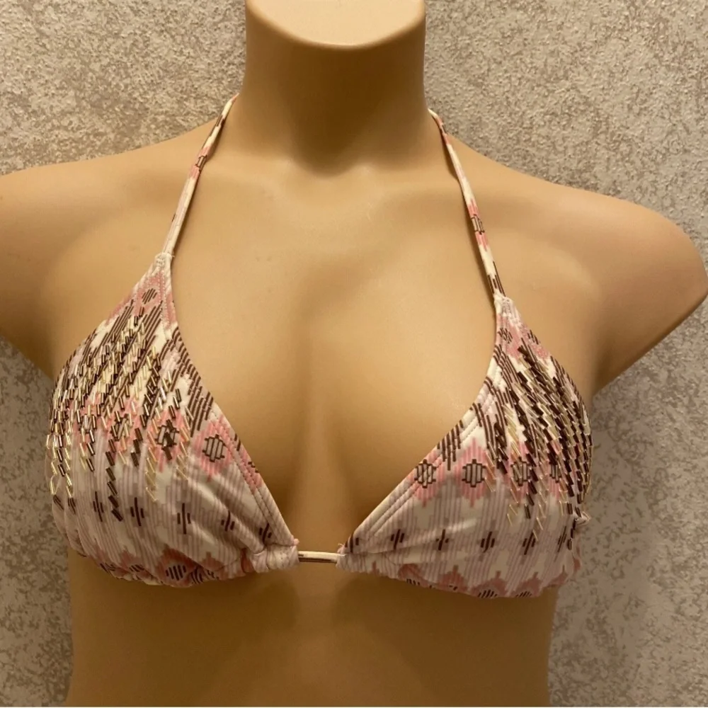 Xhilaration Pink and Brown Patterned Beaded Bikini Top